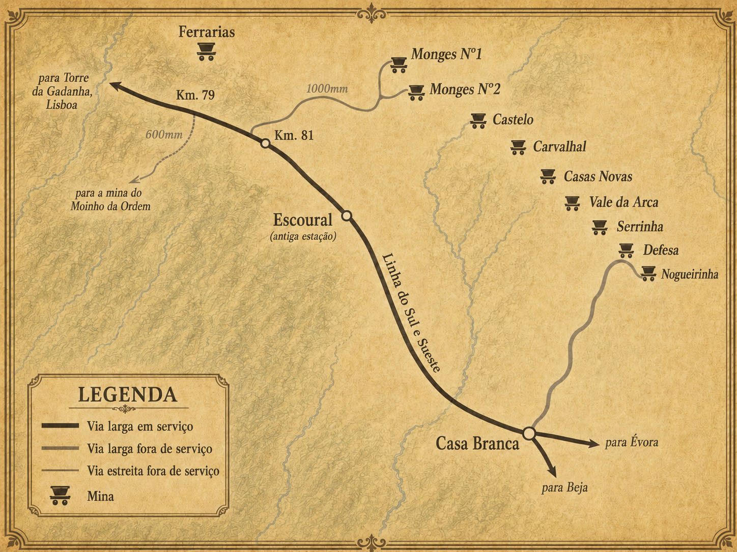 Mapa dos ramais mineiros dos Monges e da Nogueirinha e da sua ligação à Linha do Sul e Sueste